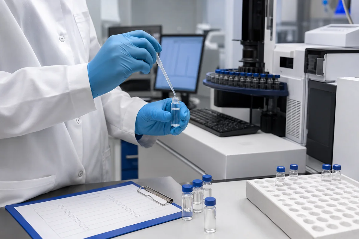 Laboratory analyst preparing an organosilicon sample for batch quality verification